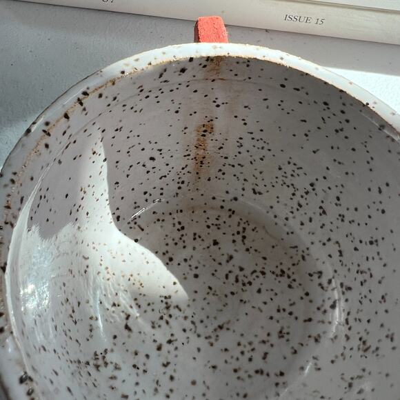 Studio Art Pottery Hand Thrown Mug 3" Speckled White Black Unique Orange Handle - Picture 12 of 12